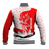 Switzerland Christmas Baseball Jacket with Red Reindeer Snow Forest and Holiday Icon - Wonder Print Shop
