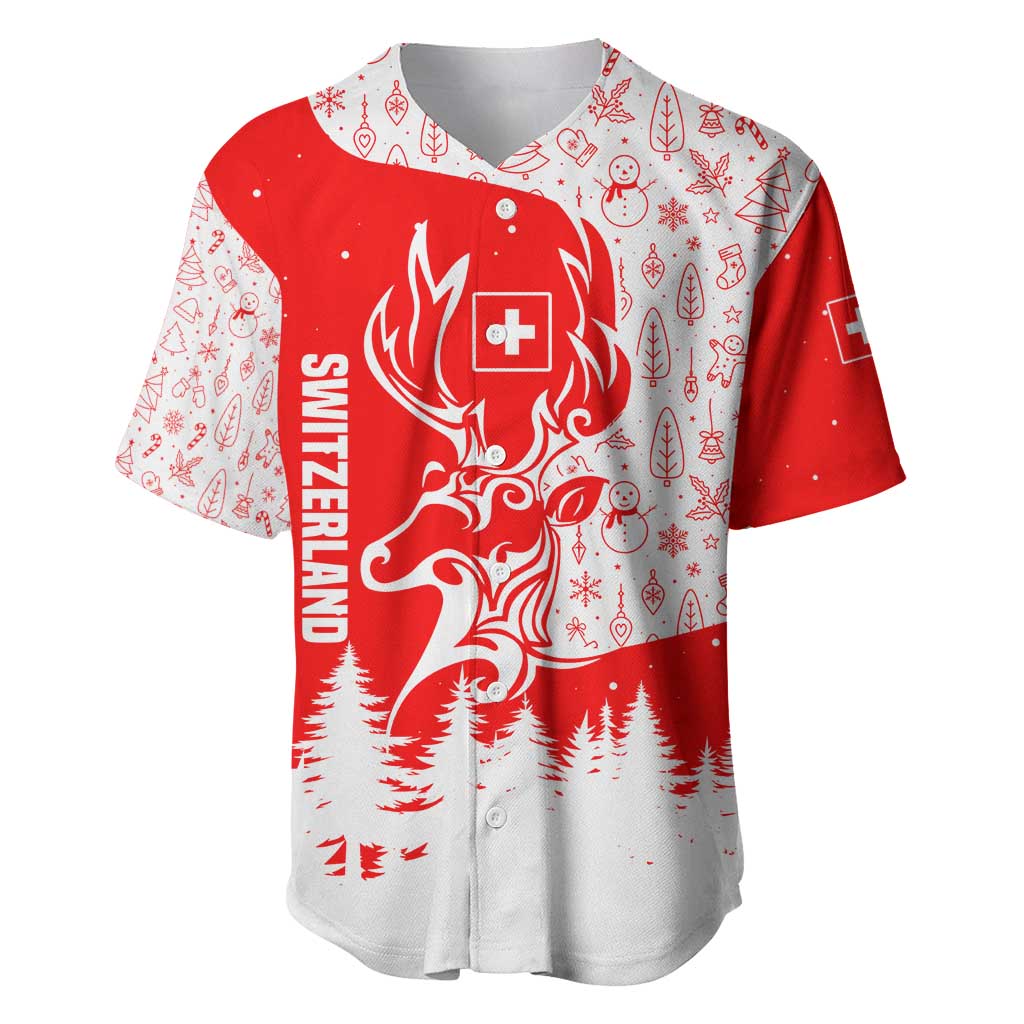 Switzerland Christmas Baseball Jersey with Red Reindeer Snow Forest and Holiday Icon - Wonder Print Shop
