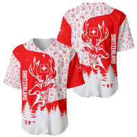 Switzerland Christmas Baseball Jersey with Red Reindeer Snow Forest and Holiday Icon - Wonder Print Shop