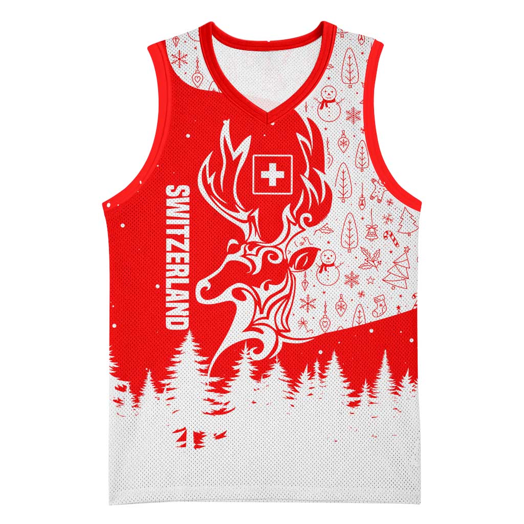 Switzerland Christmas Basketball Jersey with Red Reindeer Snow Forest and Holiday Icon - Wonder Print Shop