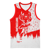 Switzerland Christmas Basketball Jersey with Red Reindeer Snow Forest and Holiday Icon - Wonder Print Shop