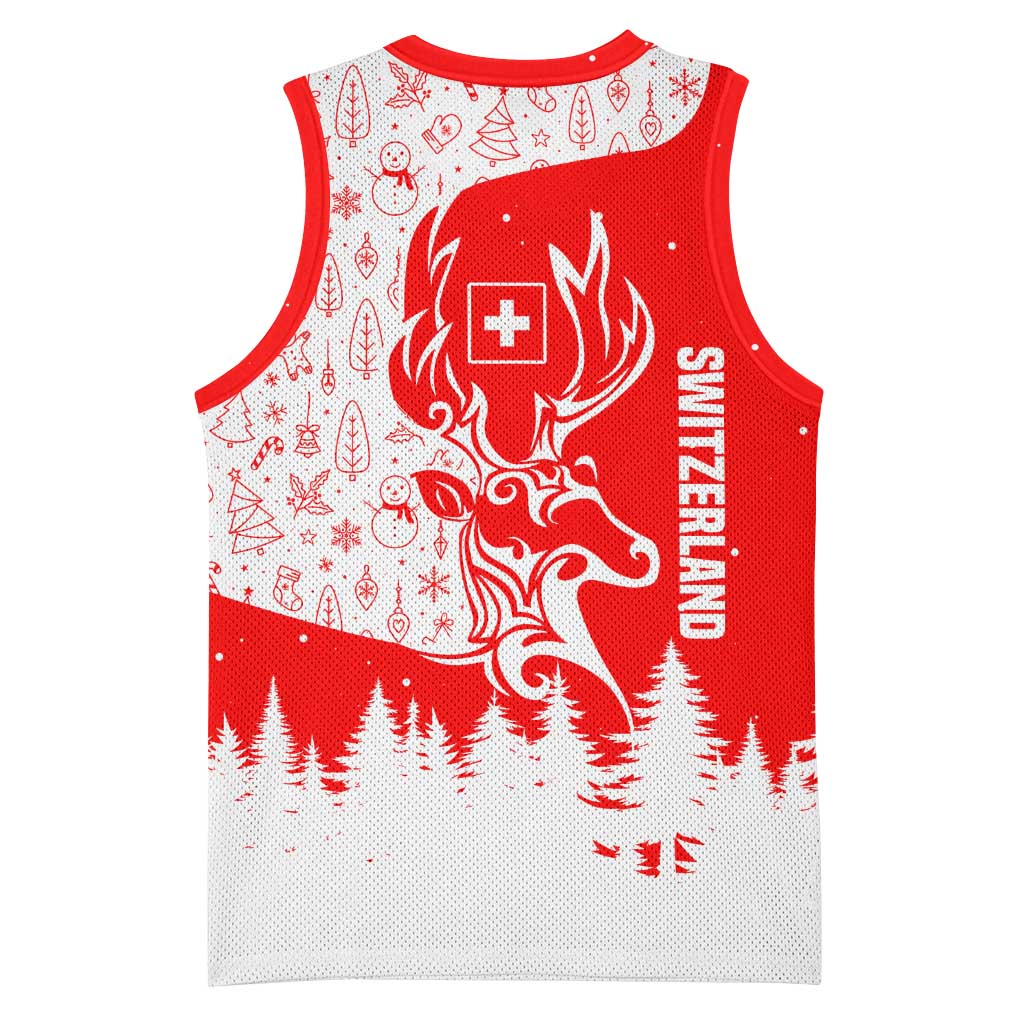 Switzerland Christmas Basketball Jersey with Red Reindeer Snow Forest and Holiday Icon - Wonder Print Shop