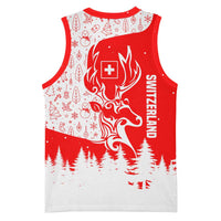 Switzerland Christmas Basketball Jersey with Red Reindeer Snow Forest and Holiday Icon - Wonder Print Shop