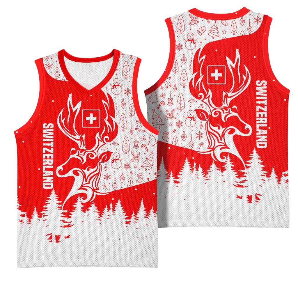 Switzerland Christmas Basketball Jersey with Red Reindeer Snow Forest and Holiday Icon - Wonder Print Shop