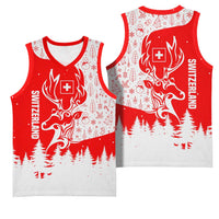 Switzerland Christmas Basketball Jersey with Red Reindeer Snow Forest and Holiday Icon - Wonder Print Shop