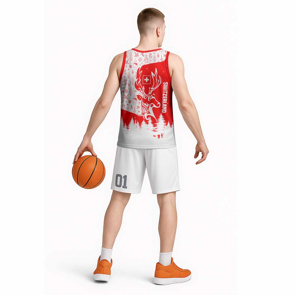 Switzerland Christmas Basketball Jersey with Red Reindeer Snow Forest and Holiday Icon - Wonder Print Shop