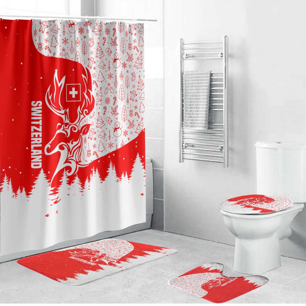 Switzerland Christmas Bathroom Set with Red Reindeer Snow Forest and Holiday Icon - Wonder Print Shop