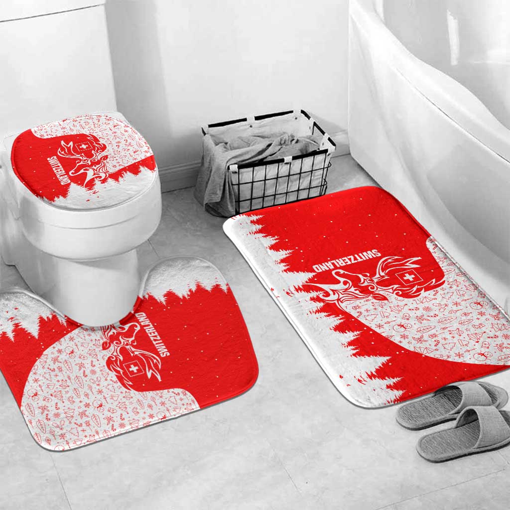 Switzerland Christmas Bathroom Set with Red Reindeer Snow Forest and Holiday Icon - Wonder Print Shop