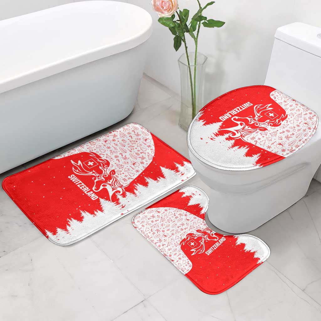 Switzerland Christmas Bathroom Set with Red Reindeer Snow Forest and Holiday Icon - Wonder Print Shop