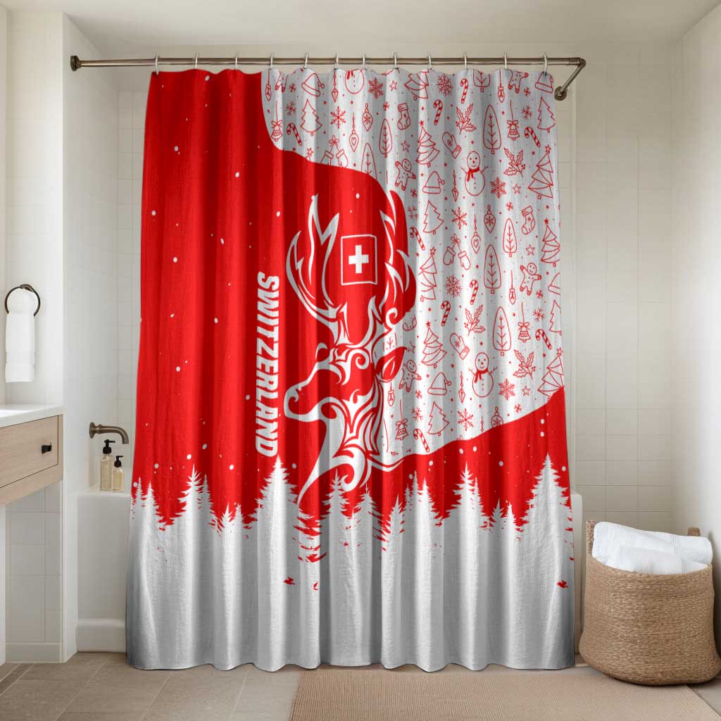 Switzerland Christmas Bathroom Set with Red Reindeer Snow Forest and Holiday Icon - Wonder Print Shop