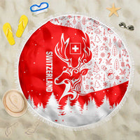 Switzerland Christmas Beach Blanket with Red Reindeer Snow Forest and Holiday Icon - Wonder Print Shop