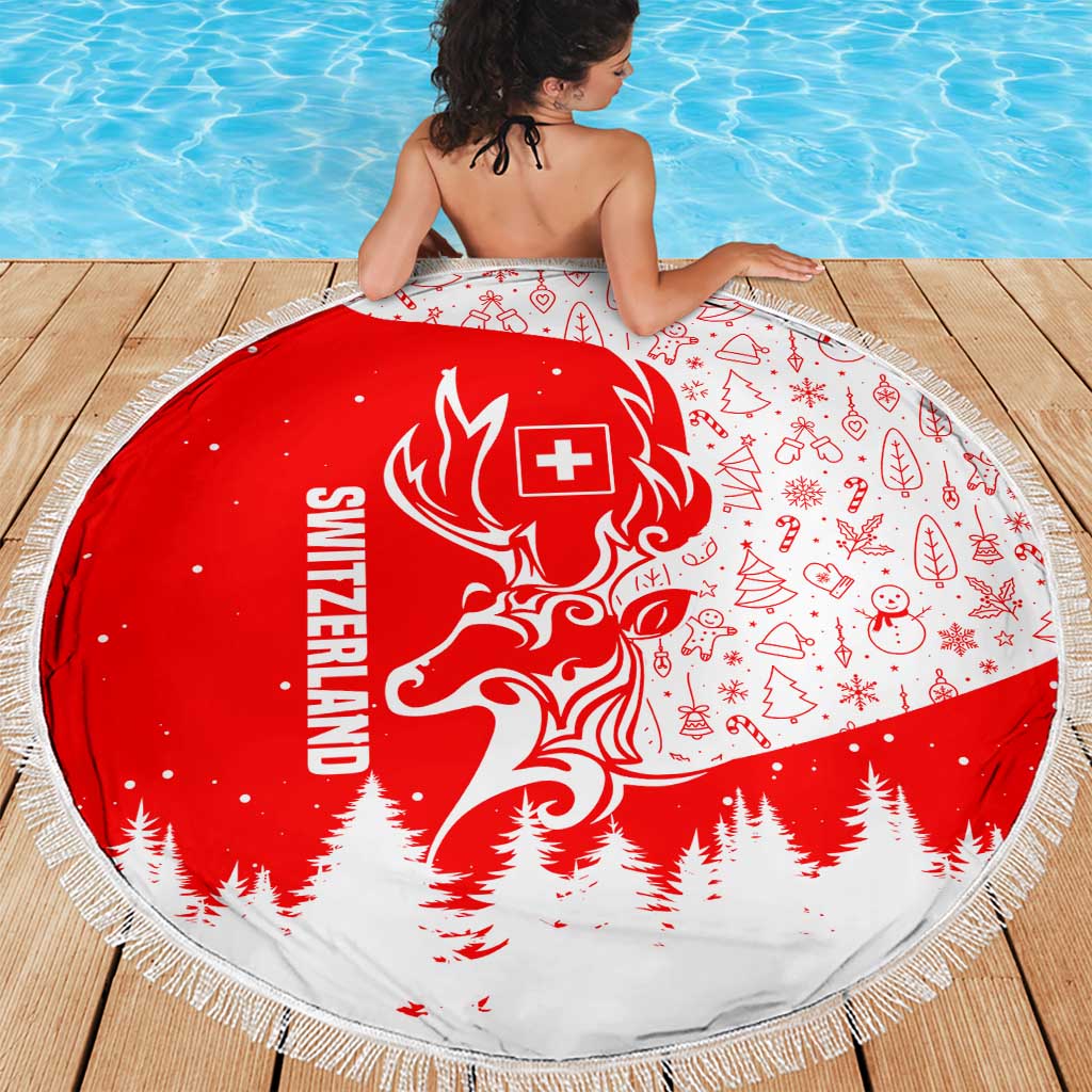 Switzerland Christmas Beach Blanket with Red Reindeer Snow Forest and Holiday Icon - Wonder Print Shop