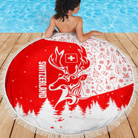 Switzerland Christmas Beach Blanket with Red Reindeer Snow Forest and Holiday Icon - Wonder Print Shop