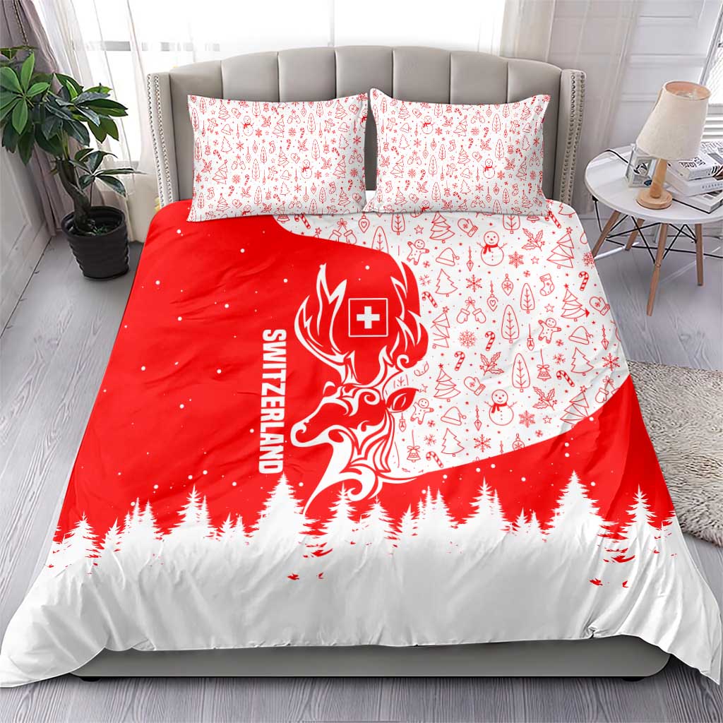Switzerland Christmas Bedding Set with Red Reindeer Snow Forest and Holiday Icon - Wonder Print Shop