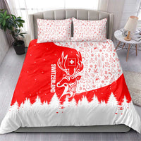 Switzerland Christmas Bedding Set with Red Reindeer Snow Forest and Holiday Icon - Wonder Print Shop