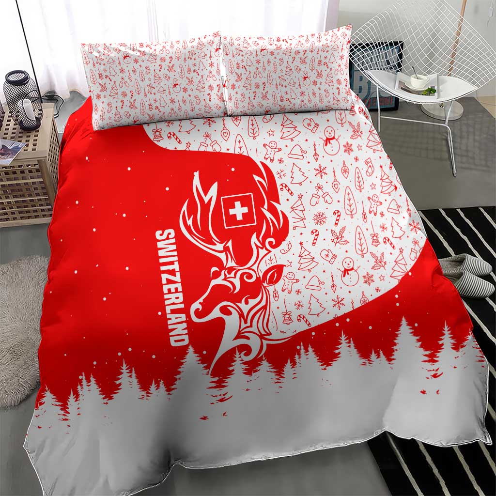 Switzerland Christmas Bedding Set with Red Reindeer Snow Forest and Holiday Icon - Wonder Print Shop