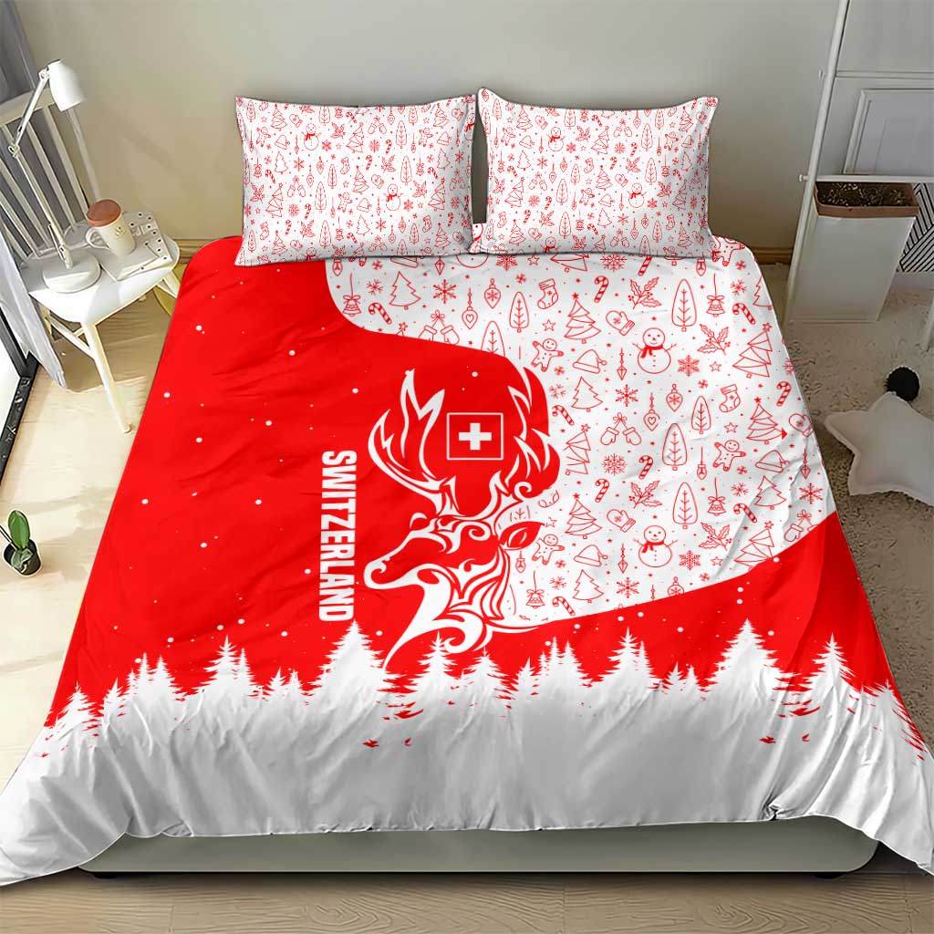 Switzerland Christmas Bedding Set with Red Reindeer Snow Forest and Holiday Icon - Wonder Print Shop