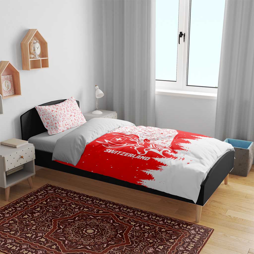 Switzerland Christmas Bedding Set with Red Reindeer Snow Forest and Holiday Icon - Wonder Print Shop