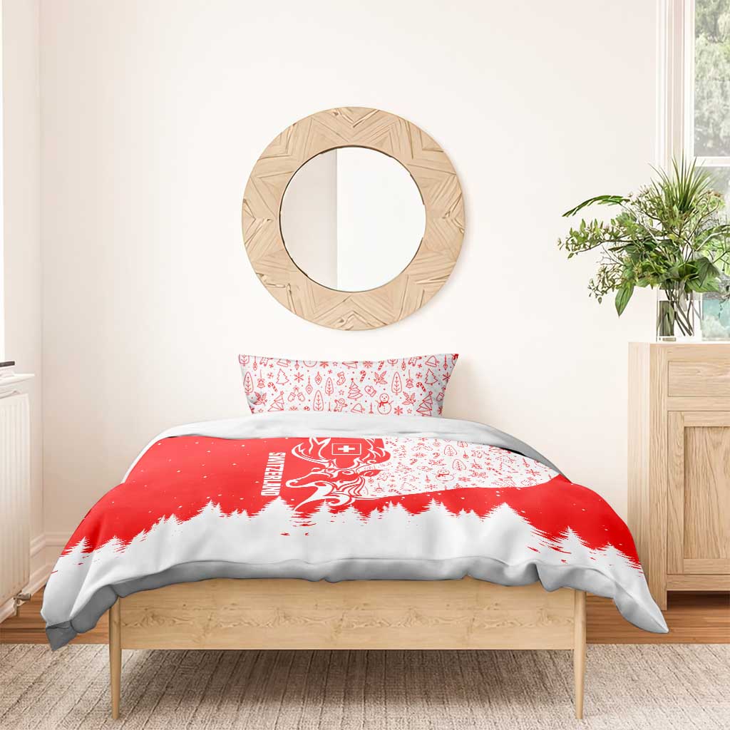 Switzerland Christmas Bedding Set with Red Reindeer Snow Forest and Holiday Icon - Wonder Print Shop