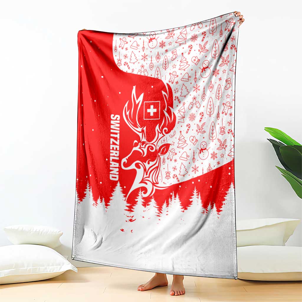 Switzerland Christmas Blanket with Red Reindeer Snow Forest and Holiday Icon - Wonder Print Shop