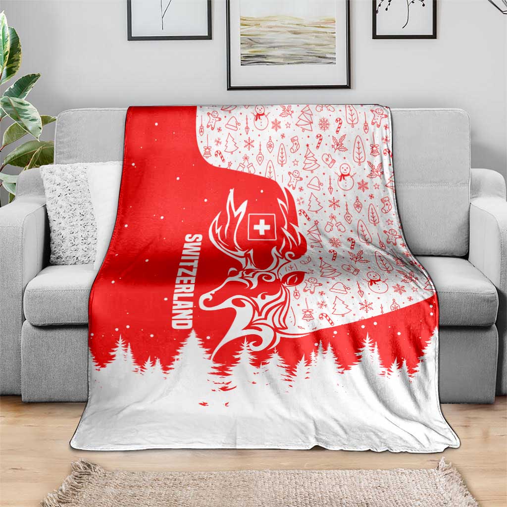 Switzerland Christmas Blanket with Red Reindeer Snow Forest and Holiday Icon - Wonder Print Shop