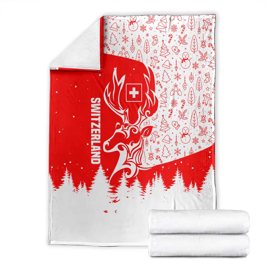 Switzerland Christmas Blanket with Red Reindeer Snow Forest and Holiday Icon - Wonder Print Shop