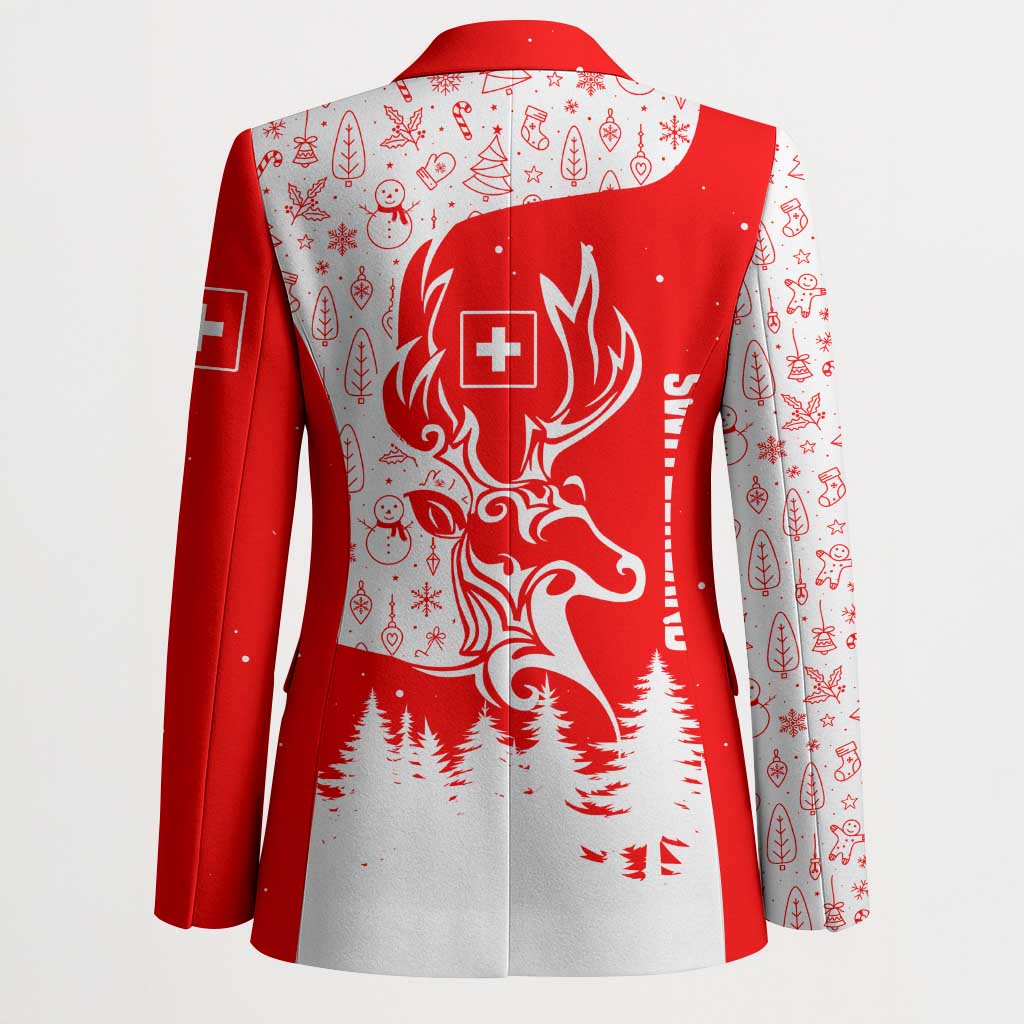 Switzerland Christmas Blazer with Red Reindeer Snow Forest and Holiday Icon - Wonder Print Shop