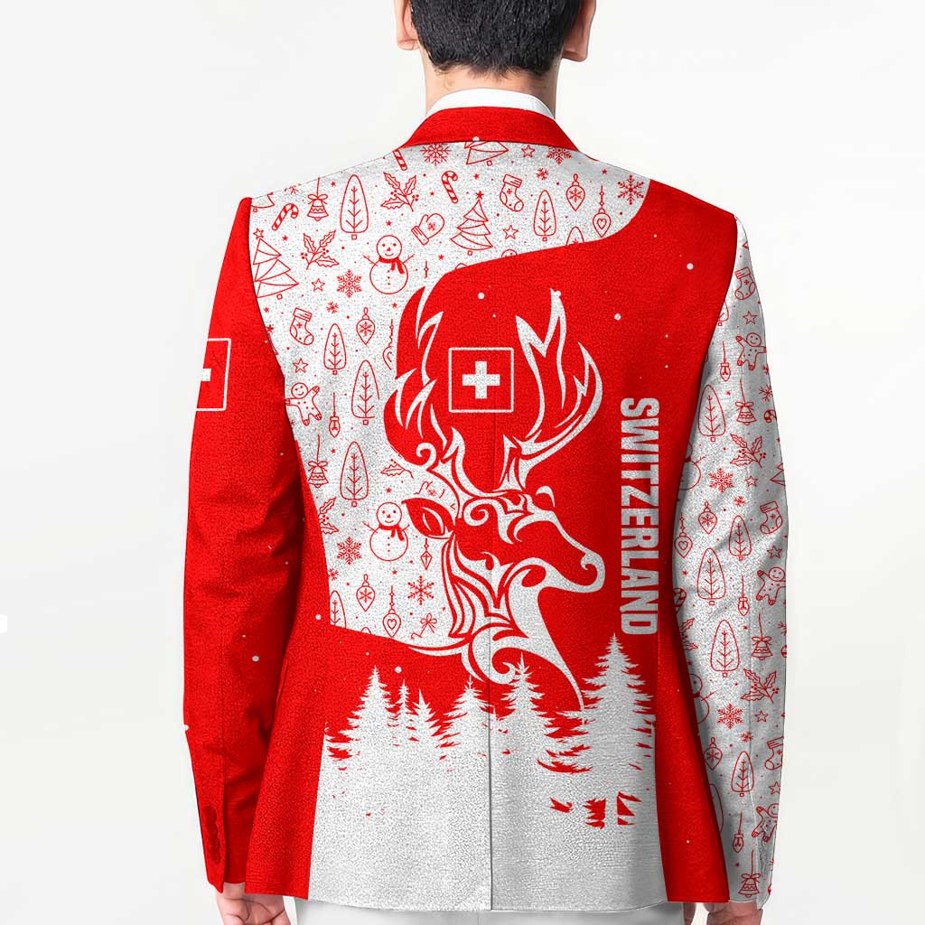 Switzerland Christmas Blazer with Red Reindeer Snow Forest and Holiday Icon - Wonder Print Shop