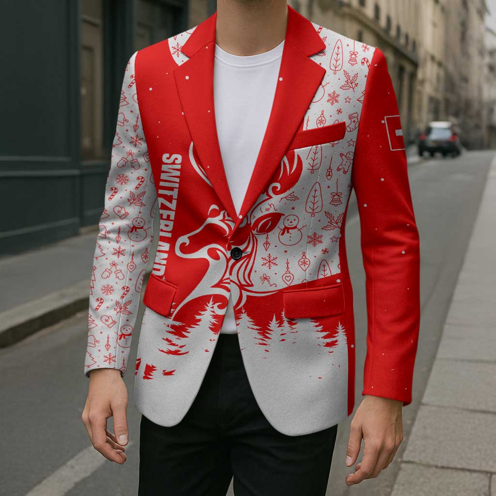 Switzerland Christmas Blazer with Red Reindeer Snow Forest and Holiday Icon - Wonder Print Shop