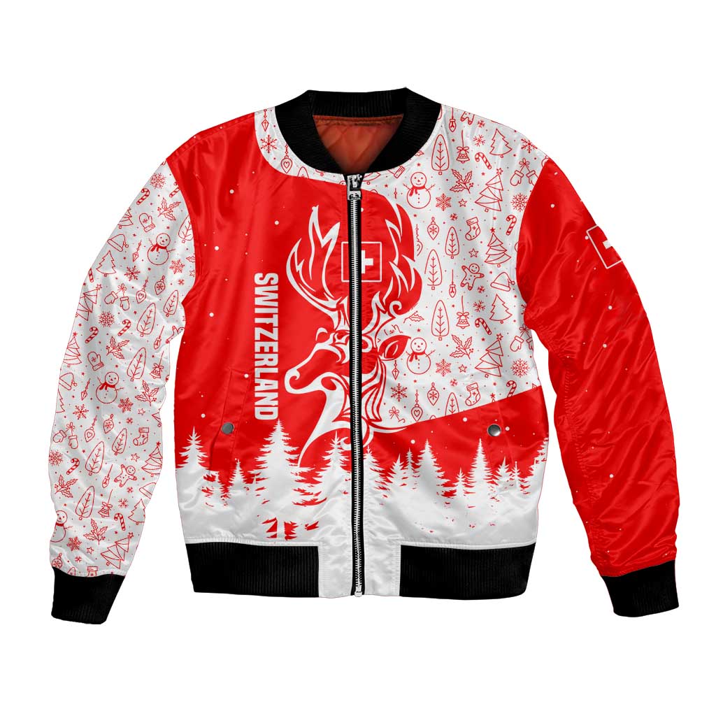 Switzerland Christmas Bomber Jacket with Red Reindeer Snow Forest and Holiday Icon - Wonder Print Shop