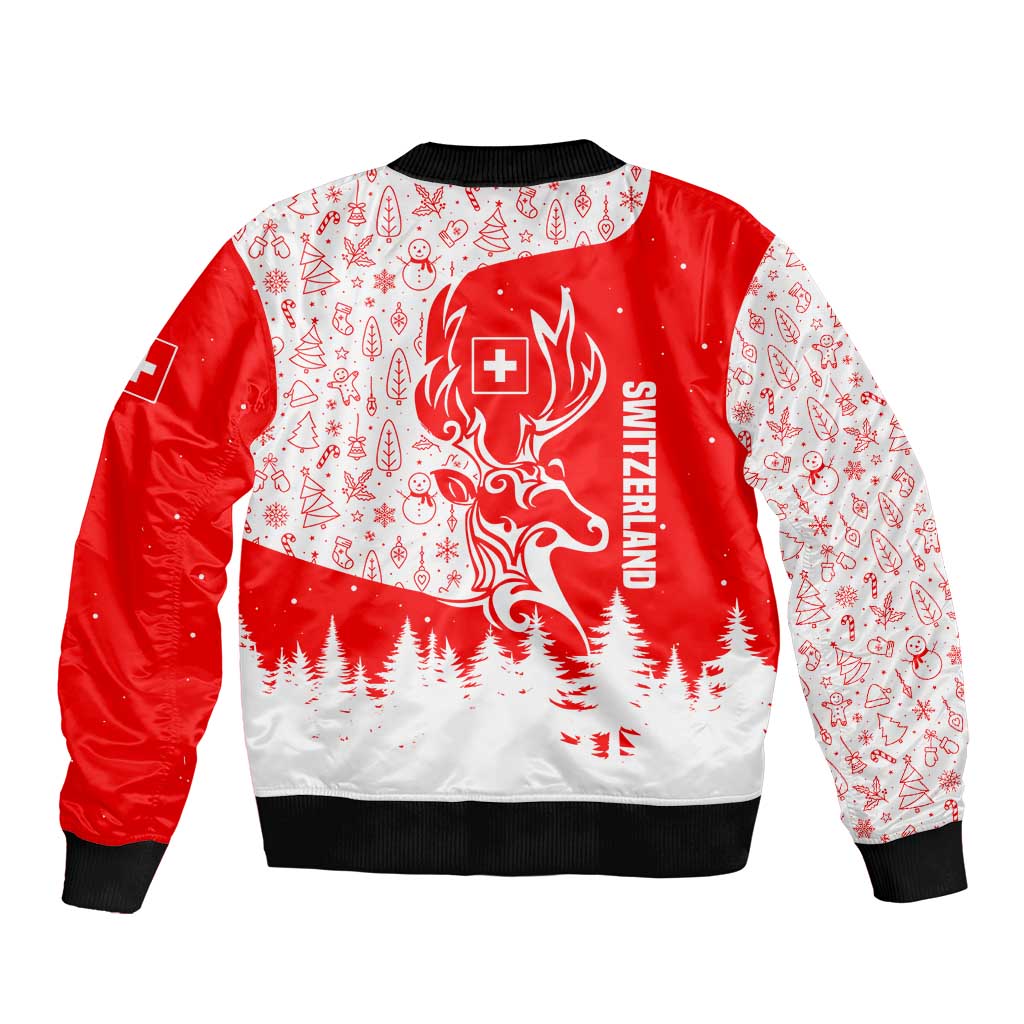 Switzerland Christmas Bomber Jacket with Red Reindeer Snow Forest and Holiday Icon - Wonder Print Shop