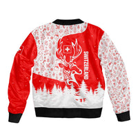 Switzerland Christmas Bomber Jacket with Red Reindeer Snow Forest and Holiday Icon - Wonder Print Shop