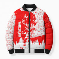 Switzerland Christmas Bomber Puffer Jacket with Red Reindeer Snow Forest and Holiday Icon - Wonder Print Shop