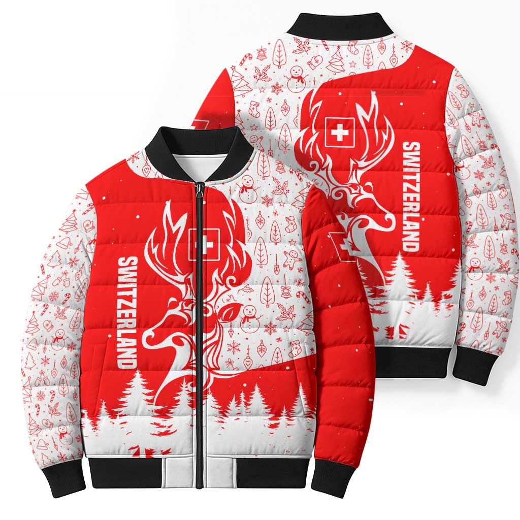 Switzerland Christmas Bomber Puffer Jacket with Red Reindeer Snow Forest and Holiday Icon - Wonder Print Shop