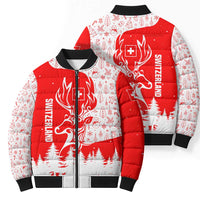 Switzerland Christmas Bomber Puffer Jacket with Red Reindeer Snow Forest and Holiday Icon - Wonder Print Shop