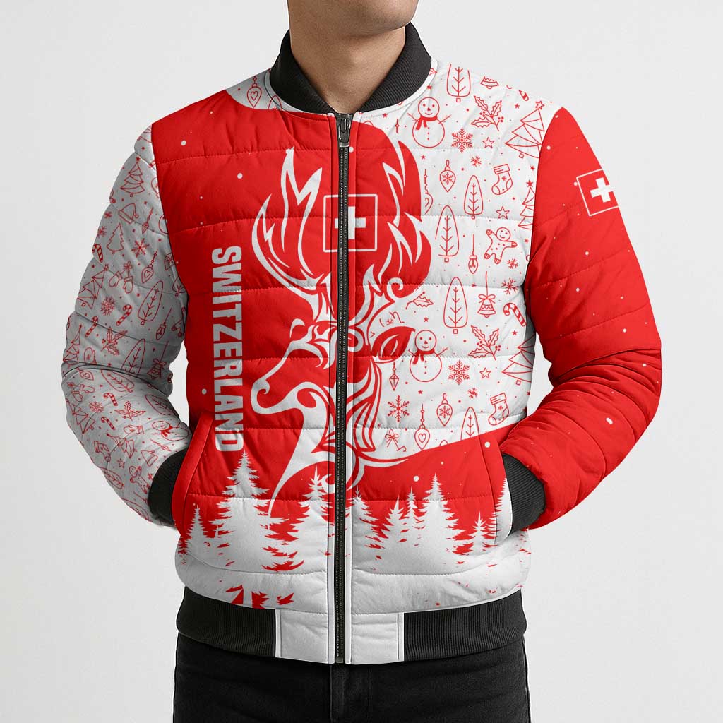 Switzerland Christmas Bomber Puffer Jacket with Red Reindeer Snow Forest and Holiday Icon - Wonder Print Shop
