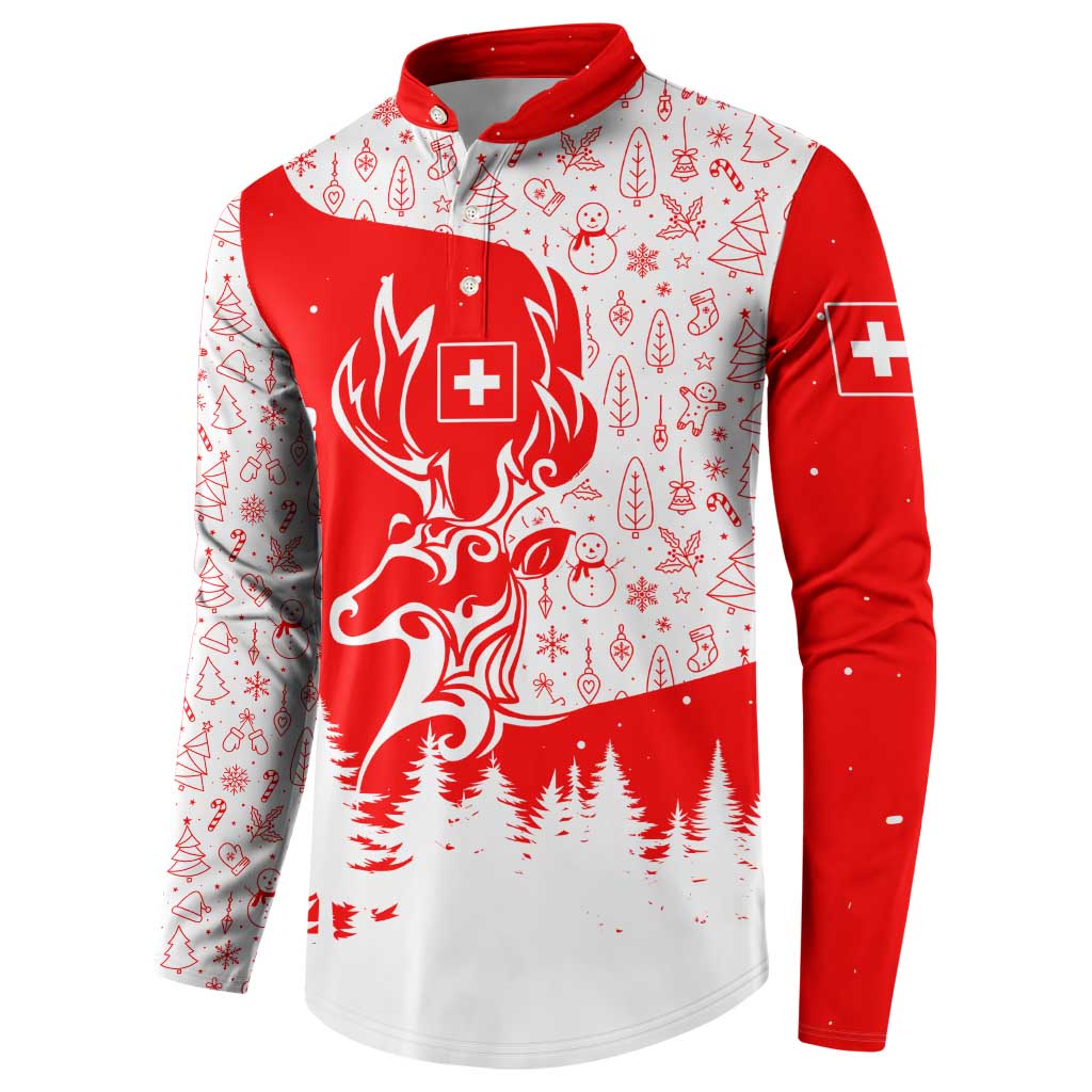 Switzerland Christmas Button Sweatshirt with Red Reindeer Snow Forest and Holiday Icon - Wonder Print Shop