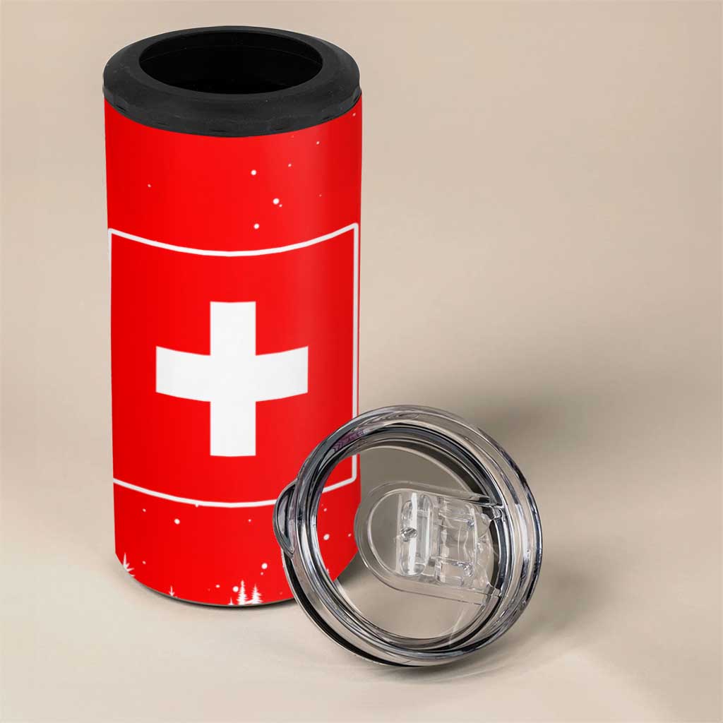 Switzerland Christmas 4 in 1 Can Cooler Tumbler with Red Reindeer Snow Forest and Holiday Icon - Wonder Print Shop