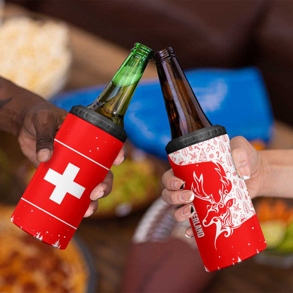 Switzerland Christmas 4 in 1 Can Cooler Tumbler with Red Reindeer Snow Forest and Holiday Icon - Wonder Print Shop