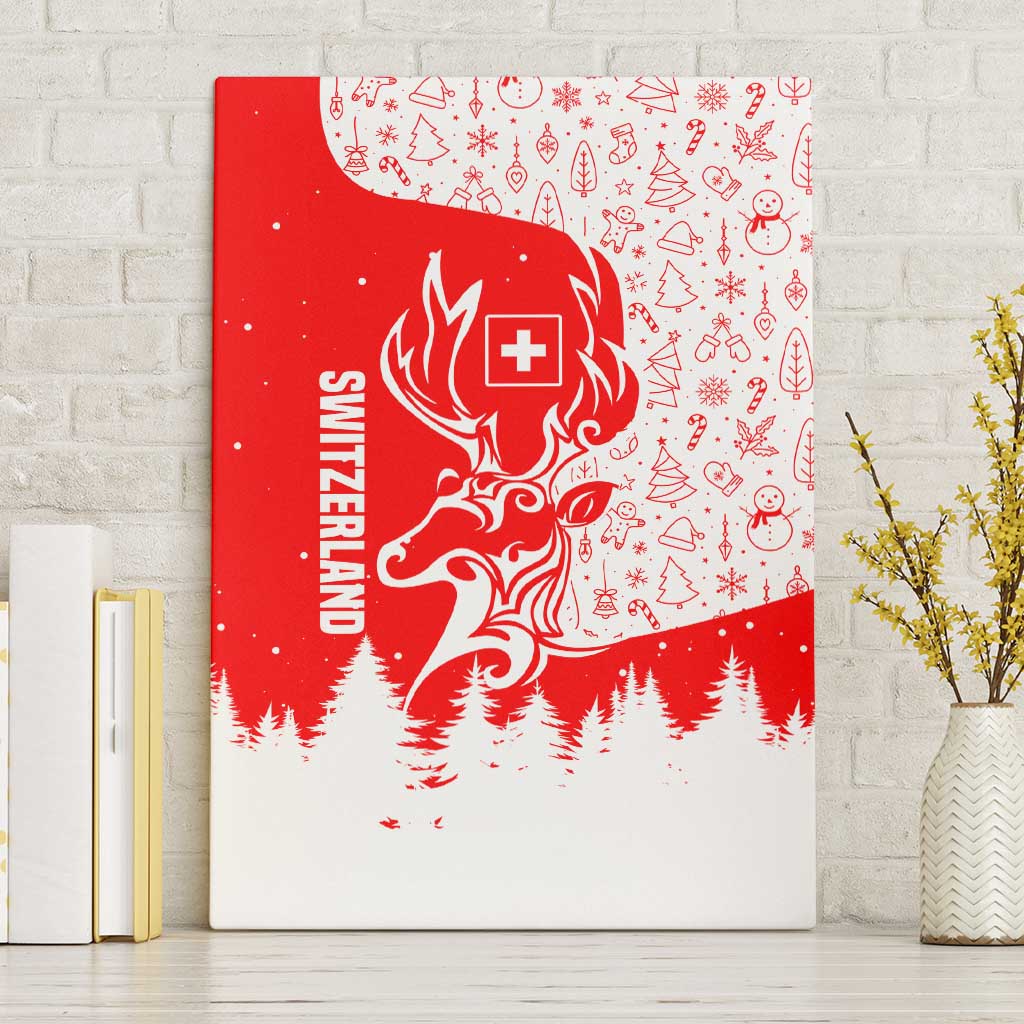 Switzerland Christmas Canvas Wall Art with Red Reindeer Snow Forest and Holiday Icon - Wonder Print Shop