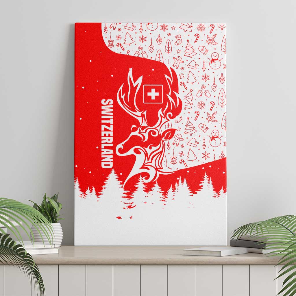 Switzerland Christmas Canvas Wall Art with Red Reindeer Snow Forest and Holiday Icon - Wonder Print Shop