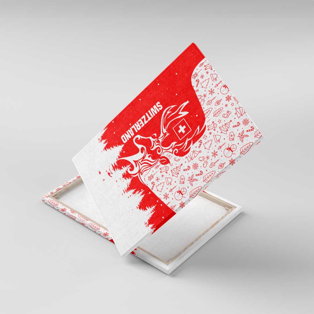 Switzerland Christmas Canvas Wall Art with Red Reindeer Snow Forest and Holiday Icon - Wonder Print Shop