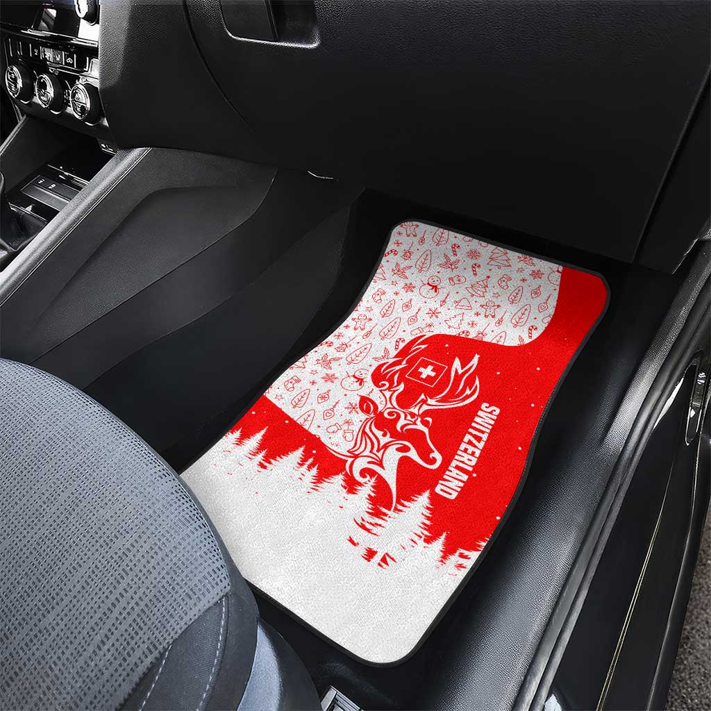 Switzerland Christmas Car Mats with Red Reindeer Snow Forest and Holiday Icon - Wonder Print Shop