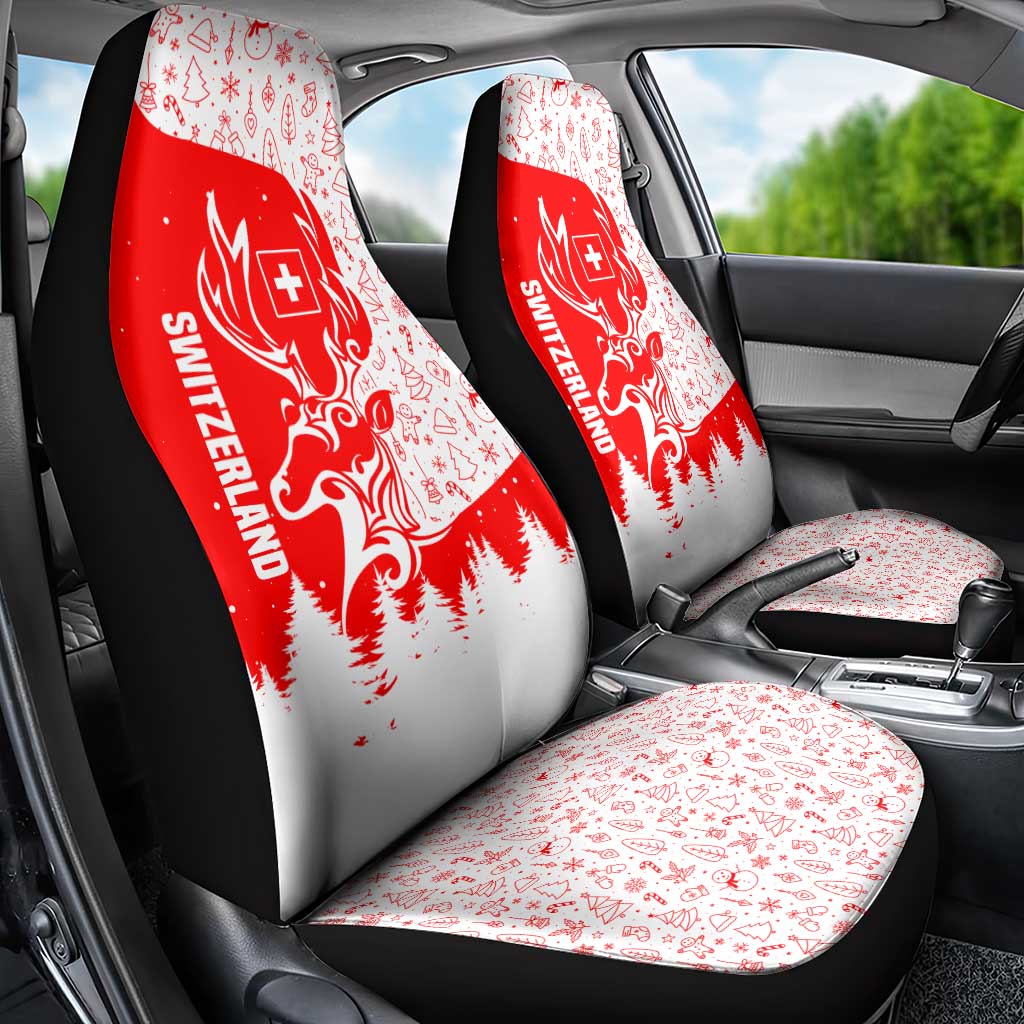 Switzerland Christmas Car Seat Cover with Red Reindeer Snow Forest and Holiday Icon - Wonder Print Shop