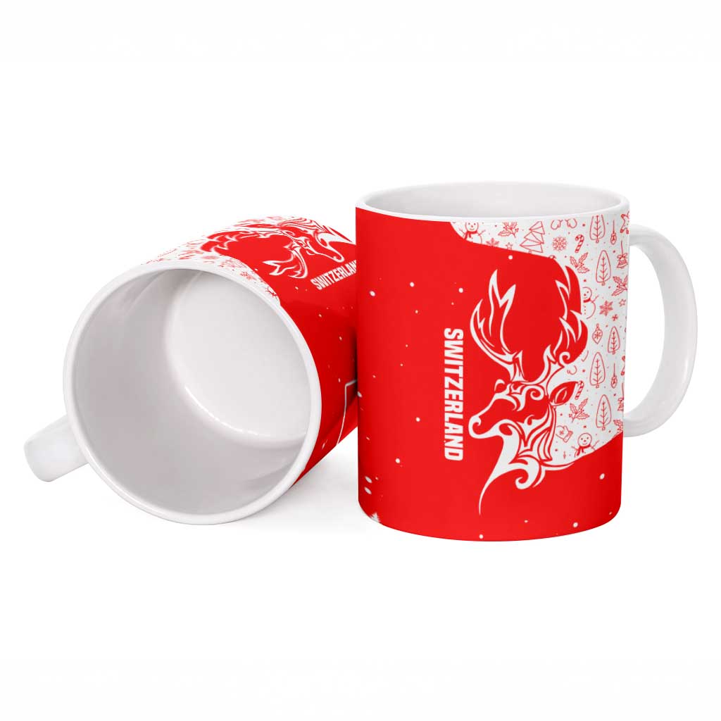 Switzerland Christmas Ceramic Mug with Red Reindeer Snow Forest and Holiday Icon - Wonder Print Shop