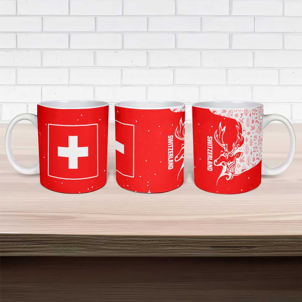 Switzerland Christmas Ceramic Mug with Red Reindeer Snow Forest and Holiday Icon - Wonder Print Shop
