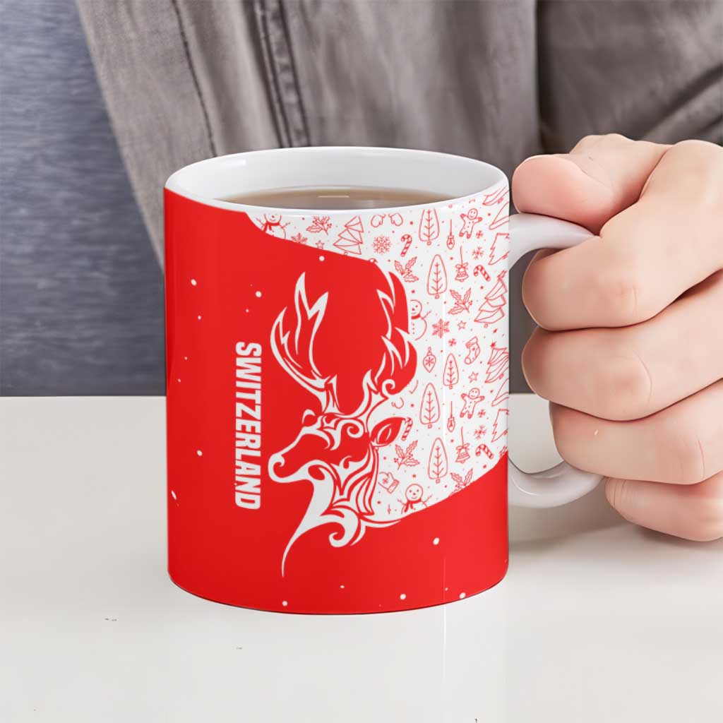 Switzerland Christmas Ceramic Mug with Red Reindeer Snow Forest and Holiday Icon - Wonder Print Shop
