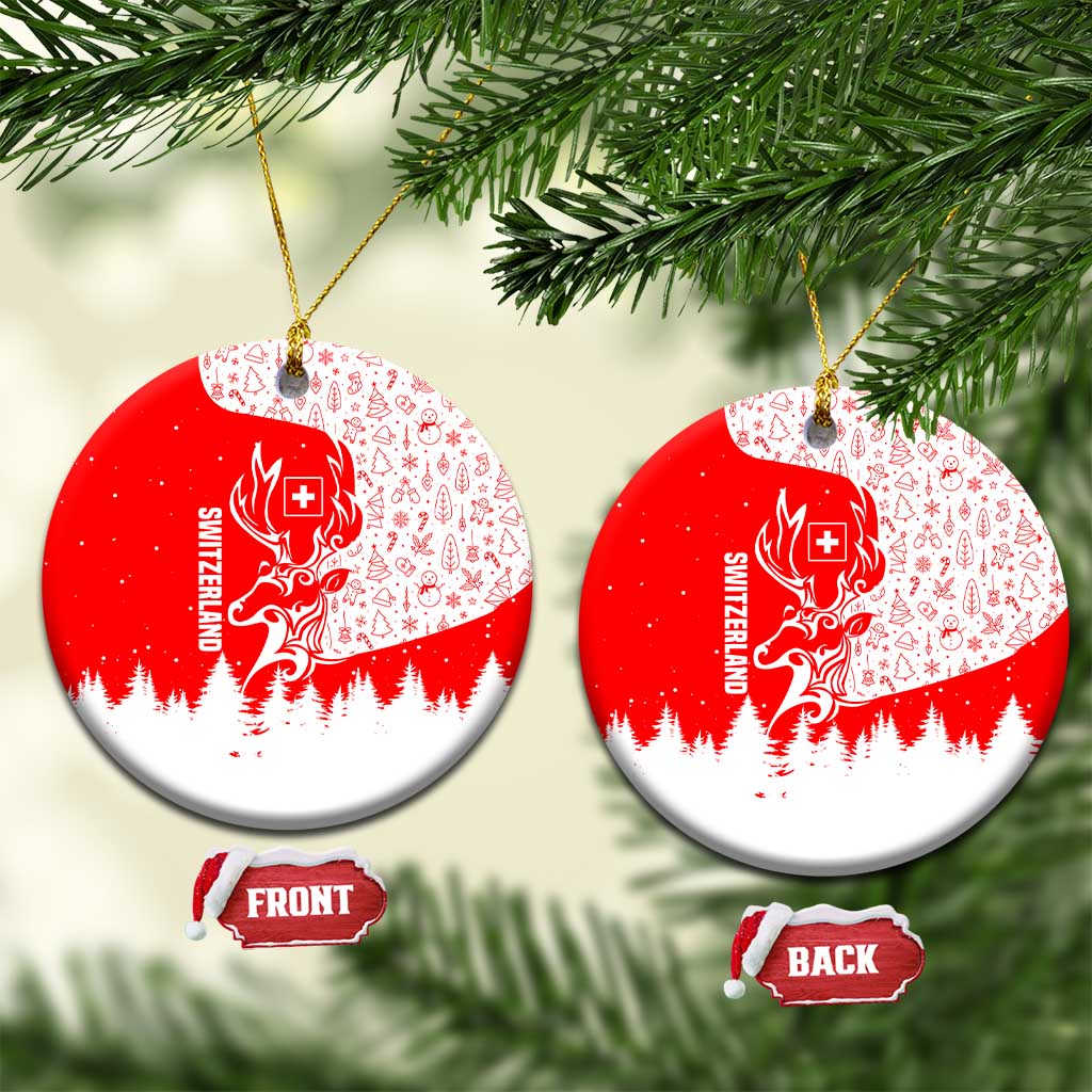 Switzerland Christmas Ceramic Ornament with Red Reindeer Snow Forest and Holiday Icon - Wonder Print Shop