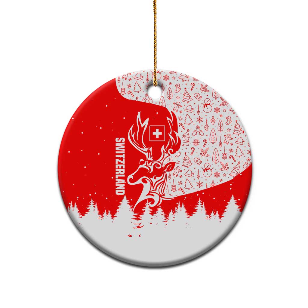 Switzerland Christmas Ceramic Ornament with Red Reindeer Snow Forest and Holiday Icon - Wonder Print Shop