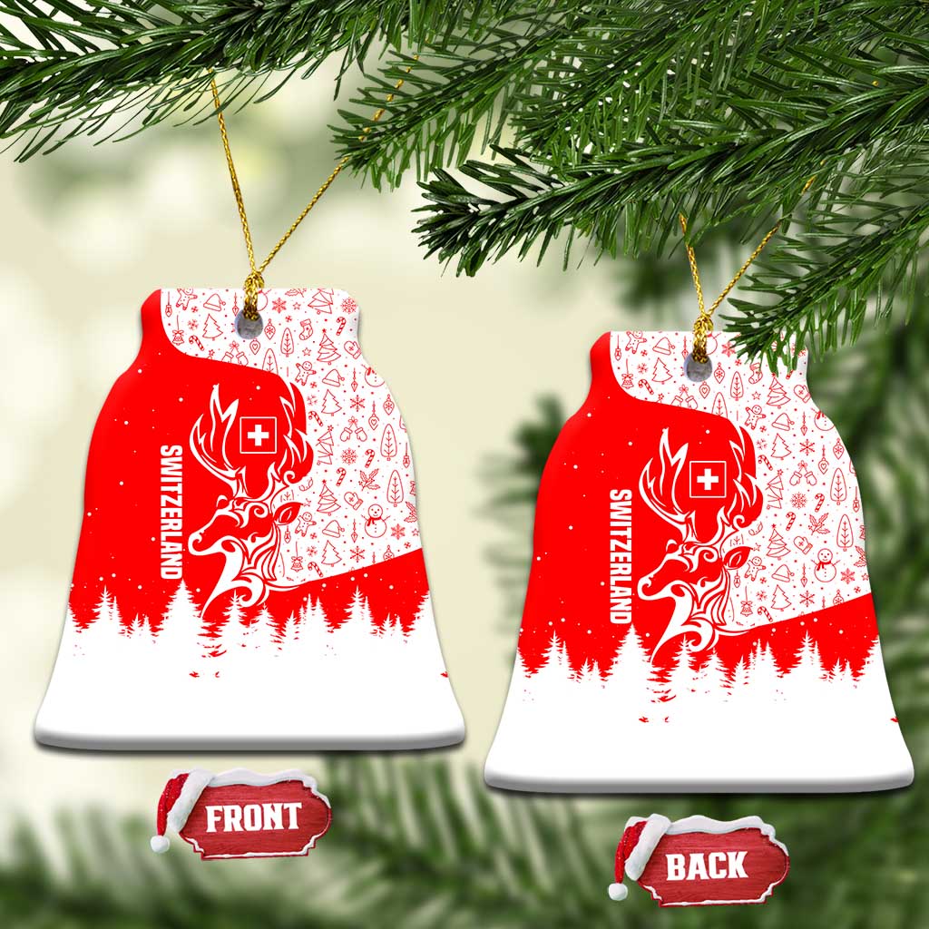 Switzerland Christmas Ceramic Ornament with Red Reindeer Snow Forest and Holiday Icon - Wonder Print Shop